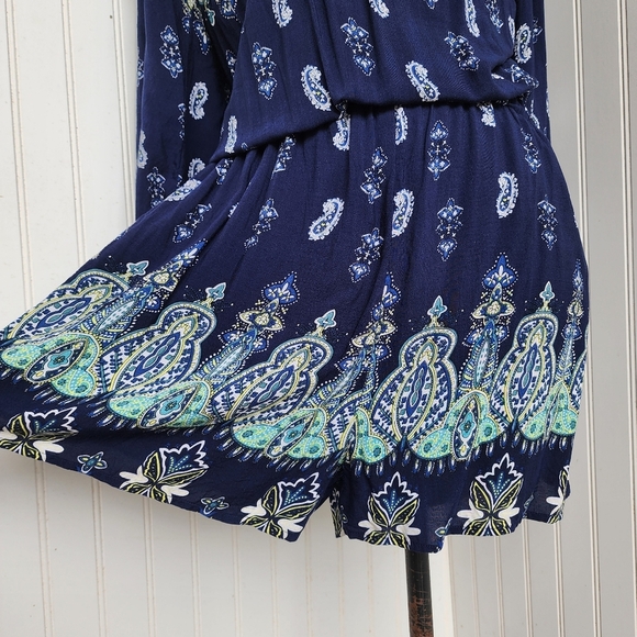 Kori America White Navy Blue Romper Off The Shoulder Tie Paisley Rayon Sz M - Picture 6 of 16